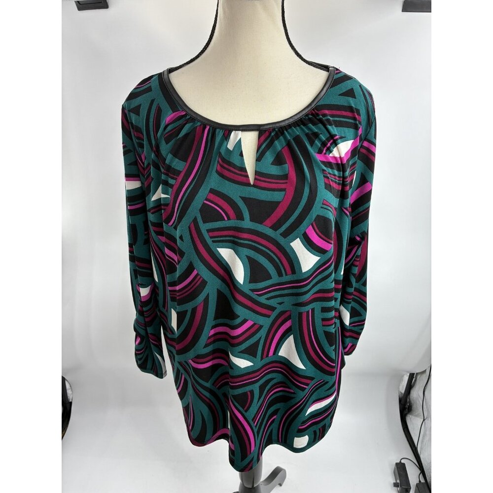 Worthington Woman 1X Plus Size Blouse Top Teal Fuchsia Abstract Keyhole
